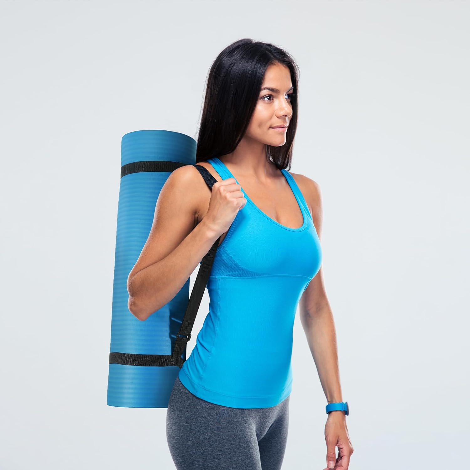 Blue Yoga Mat with Carrying Strap