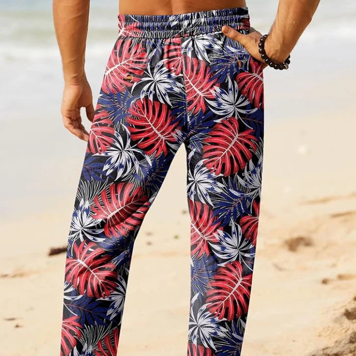 Pink-Blue - Floral Cotton Linen Drawstring Yoga Pants