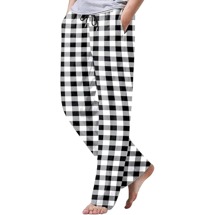 White-Black - Check Cotton Linen Drawstring Yoga Pants