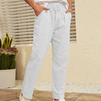 White - Cotton Linen Drawstring Yoga Pants