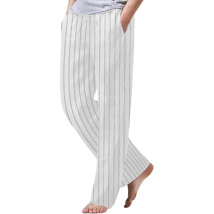White - Cotton Linen Drawstring Yoga Pants