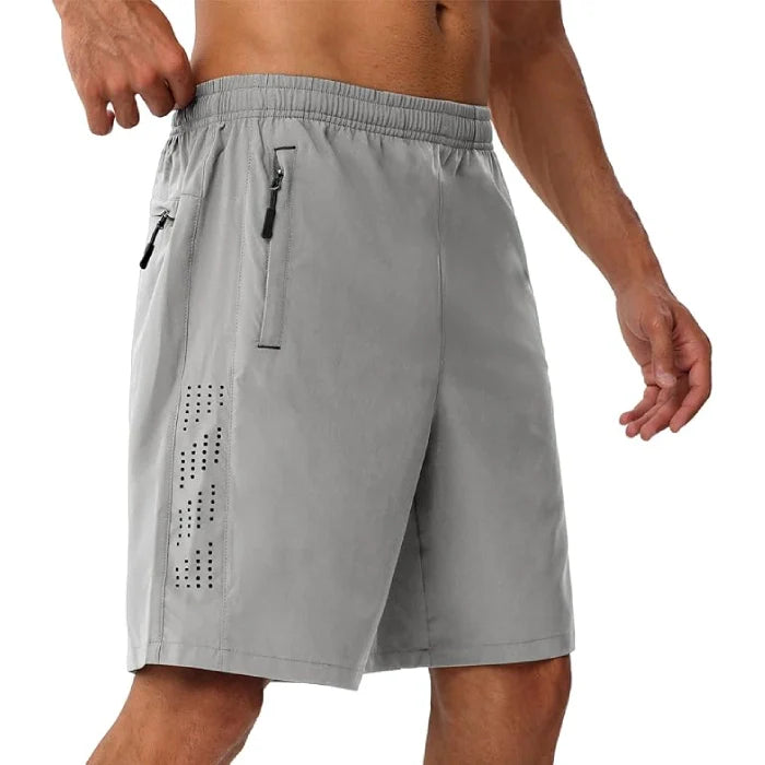 Grey-  Lightweight Quick Dry Athletic Shorts with 3 Zipper Pockets