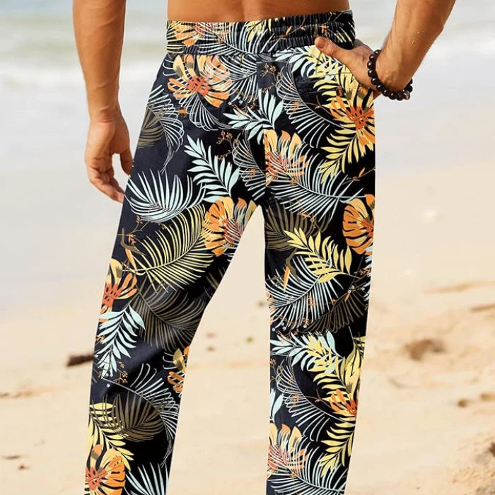 Floral - Cotton Linen Drawstring Yoga Pants