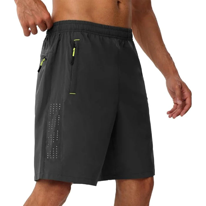 Black -  Lightweight Quick Dry Athletic Shorts with 3 Zipper Pockets