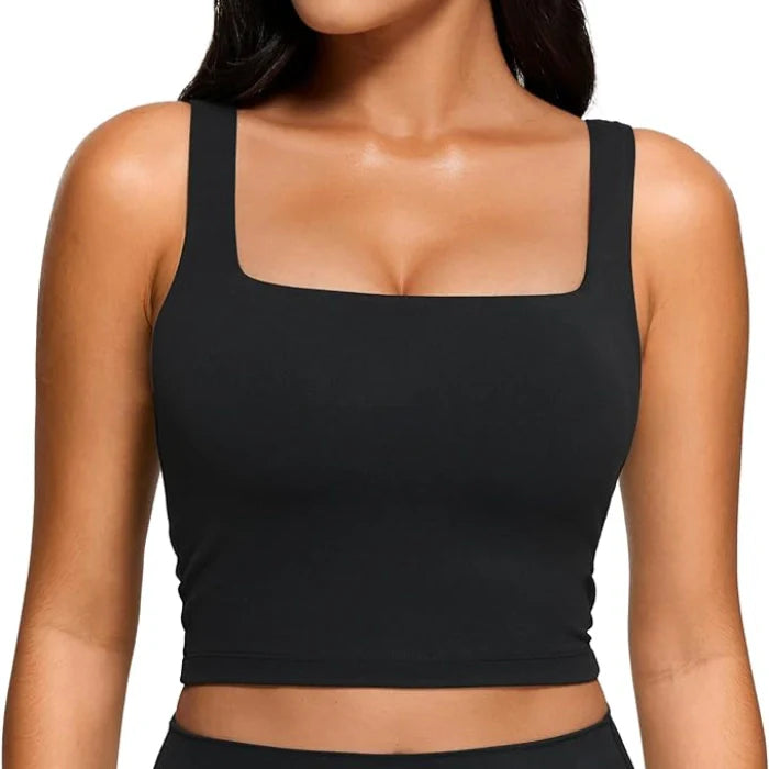 Black- Workout Crop Tank Tops with Built-in Shelf Bra