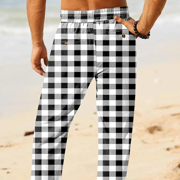 White-Black - Check Cotton Linen Drawstring Yoga Pants