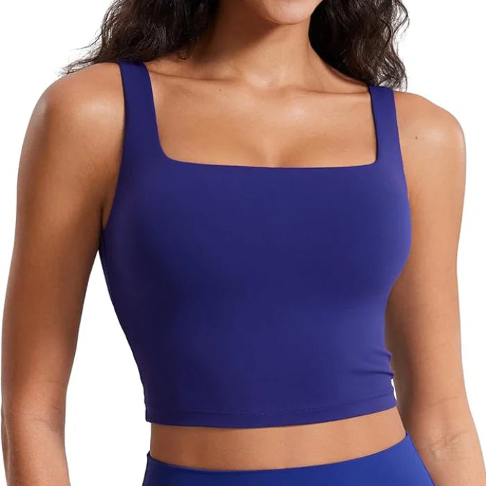Blue- Workout Crop Tank Tops with Built-in Shelf Bra
